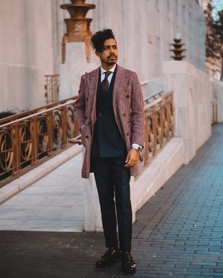 Burgundy Overcoat Outfits: You'll be amazed at how very easy it is to throw together this refined outfit. Just a burgundy overcoat matched with a navy suit. Burgundy leather double monks will give a touch of stylish casualness to an otherwise mostly dressed-up ensemble.