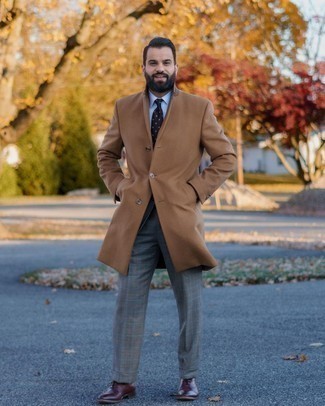 Burgundy Leather Oxford Shoes Outfits: This pairing of a camel overcoat and a grey plaid suit can only be described as devastatingly stylish and polished. Burgundy leather oxford shoes look right at home paired with this ensemble.