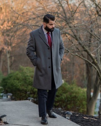 Men's Grey Overcoat, Navy Suit, White and Navy Vertical Striped Dress Shirt, Black Leather Oxford Shoes