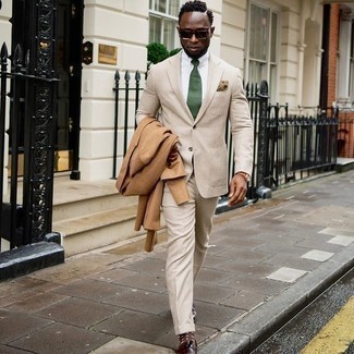 Olive Pocket Square Outfits: For a look that's super easy but can be manipulated in many different ways, pair a camel overcoat with an olive pocket square. Dark brown leather tassel loafers are an effortless way to add a confident kick to the ensemble.