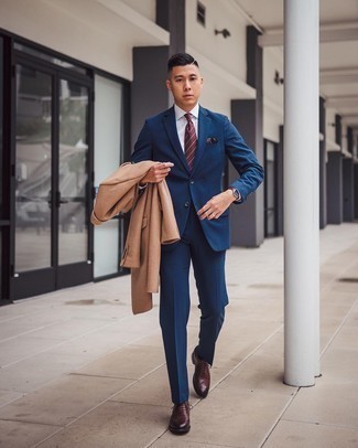 Red Watch Outfits For Men: You'll be amazed at how easy it is for any man to get dressed this way. Just a camel overcoat and a red watch. Introduce a pair of dark brown leather brogues to your look to easily rev up the style factor of this look.