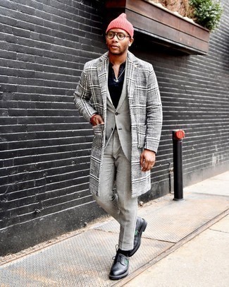 Grey Plaid Overcoat Outfits: Teaming a grey plaid overcoat and a black and white houndstooth suit is a surefire way to infuse personality into your styling lineup. Complete this outfit with a pair of black leather brogues for extra style points.
