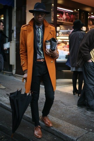 Men's Orange Overcoat, Black Suit, Charcoal Print Long Sleeve Shirt, Brown Leather Oxford Shoes