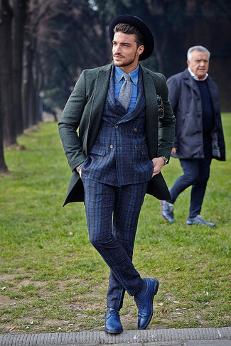 Men's Dark Green Overcoat, Navy Plaid Suit, Blue Chambray Long Sleeve Shirt, Blue Leather Brogues