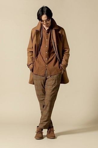 Men's Brown Overcoat, Brown Plaid Suit, Brown Short Sleeve Shirt, Brown Suede Desert Boots