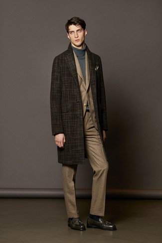 Men's Dark Brown Plaid Overcoat, Brown Plaid Suit, Grey Turtleneck, Charcoal Leather Tassel Loafers