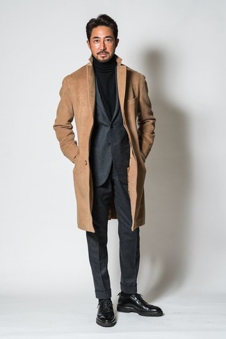 Men's Camel Overcoat, Charcoal Wool Suit, Black Turtleneck, Black Leather Derby Shoes