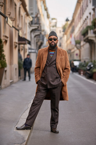 Multi colored Turtleneck Outfits For Men: This combination of a multi colored turtleneck and a camel overcoat looks polished, but in a modern way. Give a more sophisticated twist to your outfit with a pair of dark brown leather loafers.