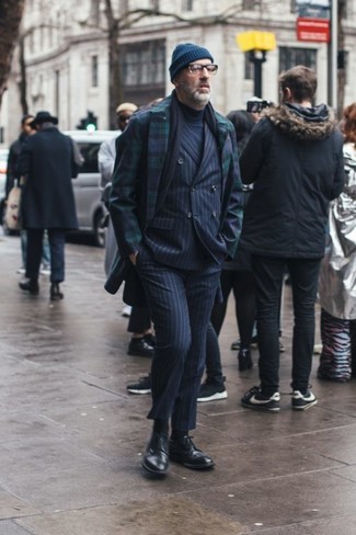 Men's Navy and Green Plaid Overcoat, Navy Vertical Striped Suit, Navy Turtleneck, Black Leather Brogues