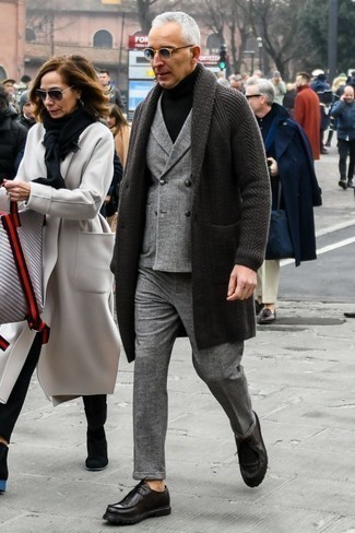 Men's Charcoal Overcoat, Grey Check Wool Suit, Black Turtleneck, Black Leather Derby Shoes