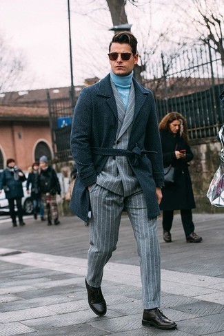 Olive Overcoat Outfits: Putting together an olive overcoat and a grey vertical striped wool suit will create a confident, masculine silhouette. Dark brown leather derby shoes are a welcome complement for this look.