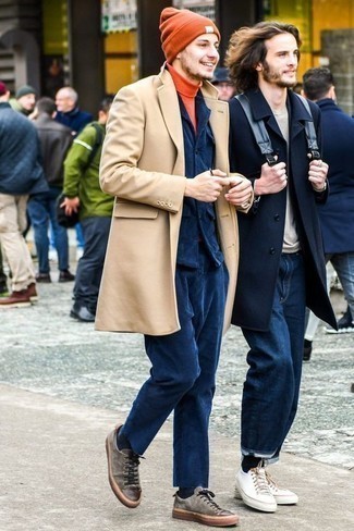 Men's Camel Overcoat, Navy Corduroy Suit, Orange Turtleneck, Grey Suede Low Top Sneakers