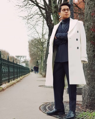 Men's White Overcoat, Navy Vertical Striped Suit, Charcoal Turtleneck, Black Leather Chelsea Boots
