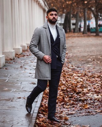 Gold Watch Outfits For Men: A grey overcoat and a gold watch are a perfect combination to be utilised on off-duty days. Black leather double monks will instantly elevate even your most comfortable clothes.