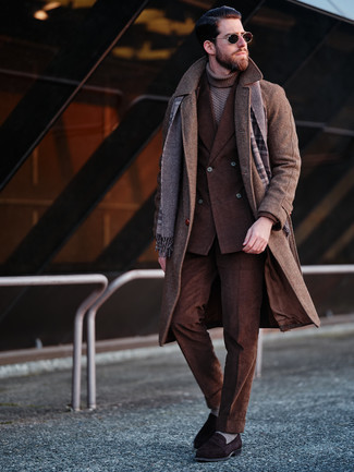 Brown Plaid Scarf Outfits For Men: This pairing of a brown overcoat and a brown plaid scarf is indisputable proof that a safe off-duty outfit can still look seriously stylish. A cool pair of dark brown suede loafers is an effective way to give a touch of refinement to your getup.