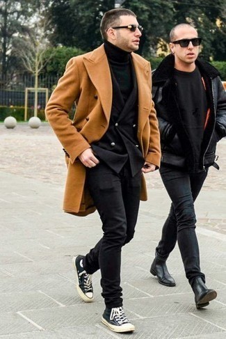 Black Sunglasses Cold Weather Outfits For Men: For a street style getup, Consider wearing a tobacco overcoat and black sunglasses. The whole look comes together really well when you add a pair of black and white canvas high top sneakers to your look.