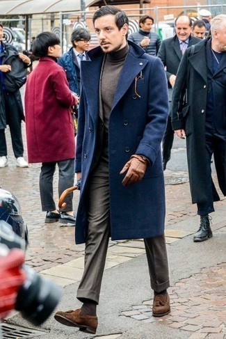 Men's Navy Overcoat, Brown Suit, Dark Brown Turtleneck, Brown Suede Tassel Loafers