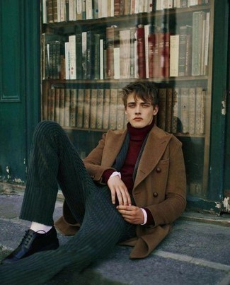 Red Wool Turtleneck Outfits For Men: For an effortlessly classic ensemble, try pairing a red wool turtleneck with a brown overcoat — these two pieces fit well together. A pair of black leather derby shoes effortlessly turns up the wow factor of this ensemble.