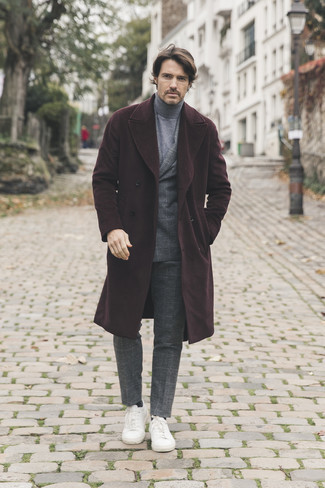Dark Brown Overcoat Outfits: Consider pairing a dark brown overcoat with a charcoal check suit if you're aiming for a proper, sharp outfit. For a fashionable hi/low mix, complement this getup with white leather low top sneakers.