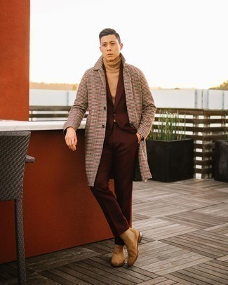 Brown Houndstooth Overcoat Outfits: Wear a brown houndstooth overcoat and a burgundy suit if you're going for a clean, sharp outfit. If you need to easily dress down this look with footwear, enter tan suede chelsea boots into the equation.