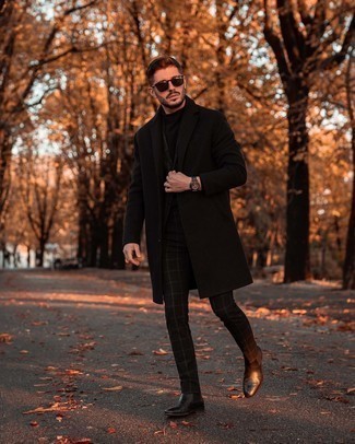 Black Plaid Suit Outfits: Putting together a black plaid suit and a black overcoat is a guaranteed way to inject rugged elegance into your closet. Feeling transgressive today? Change up this outfit by finishing off with a pair of black leather chelsea boots.