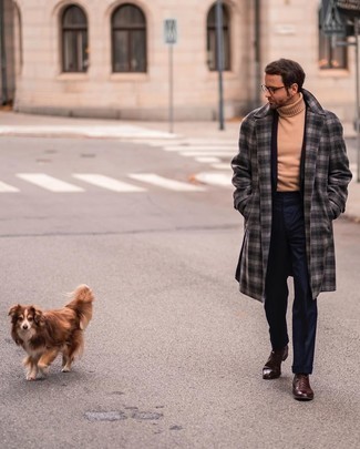 Tan Wool Turtleneck Outfits For Men: For a casually stylish look, make a tan wool turtleneck and a charcoal gingham overcoat your outfit choice — these two items play nicely together. Let your expert styling truly shine by finishing your ensemble with dark brown leather dress boots.