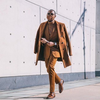 Dark Brown Leather Double Monks Chill Weather Outfits: Go all out in a tobacco overcoat and a tobacco suit. For a more laid-back aesthetic, add a pair of dark brown leather double monks to this getup.