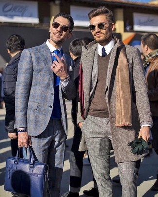 Charcoal Check Wool Suit Outfits: To look smooth and classic, try teaming a charcoal check wool suit with a brown overcoat.