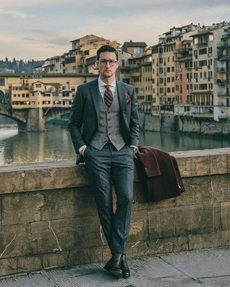Burgundy Pocket Square Dressy Outfits: A dark brown overcoat and a burgundy pocket square are essential in any man's great casual wardrobe. To give your overall outfit a more polished finish, why not complete your getup with black leather chelsea boots?