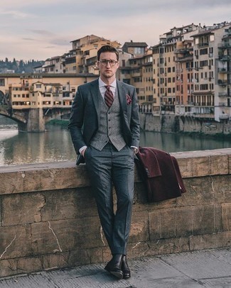 Red Overcoat Outfits: To look like a perfect dandy at all times, consider teaming a red overcoat with a charcoal suit. You know how to play it down: dark brown leather chelsea boots.