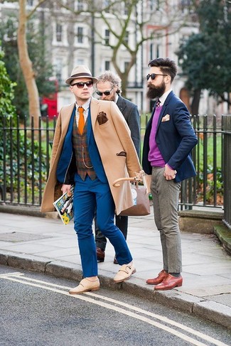 Dark Brown Wool Waistcoat Outfits: We love the way this combo of a dark brown wool waistcoat and a camel overcoat immediately makes men look classy and sharp. Finishing off with tan suede double monks is an effective way to inject a touch of stylish nonchalance into your ensemble.