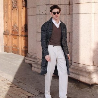 Charcoal Plaid Overcoat Outfits: Combining a charcoal plaid overcoat with white dress pants is an on-point choice for a sharp and elegant outfit. Complete this getup with a pair of white canvas low top sneakers to easily turn up the wow factor of this ensemble.