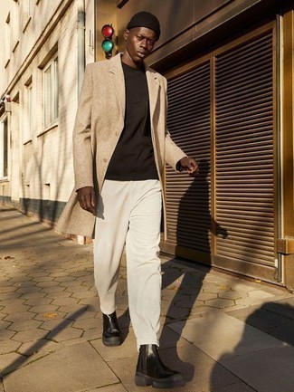 Beige Overcoat Outfits: You'll be amazed at how easy it is for any man to put together this effortlessly sleek ensemble. Just a beige overcoat and white chinos. Black leather chelsea boots are an easy way to infuse a hint of class into this look.