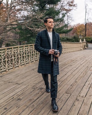 Navy and Green Plaid Overcoat Outfits: You'll be amazed at how super easy it is for any guy to pull together this casually sleek outfit. Just a navy and green plaid overcoat teamed with navy chinos. To give this ensemble a more elegant vibe, why not complete this look with a pair of black leather brogues?