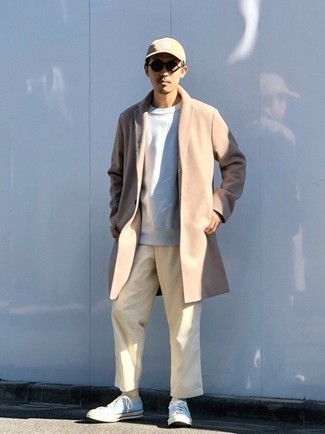 Aquamarine Low Top Sneakers Outfits For Men: Try pairing a camel overcoat with beige corduroy chinos to look refined but not too formal. Introduce a pair of aquamarine low top sneakers to the equation to immediately boost the street cred of this outfit.