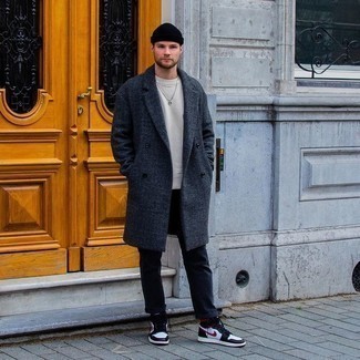 Men's Charcoal Overcoat, White Sweatshirt, Navy Chinos, White and Black Leather High Top Sneakers