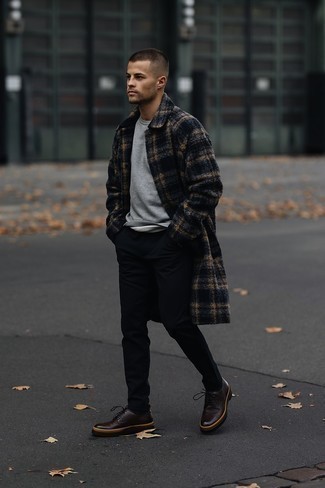 Black Plaid Overcoat Outfits: Marrying a black plaid overcoat with black chinos is an awesome choice for an effortlessly stylish menswear style. Bump up the style factor of this ensemble by finishing with dark brown leather derby shoes.