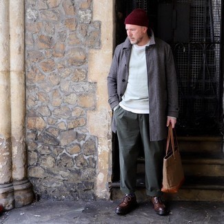Dark Green Chinos Outfits: A grey houndstooth overcoat and dark green chinos teamed together are a wonderful match. For something more on the dressier side to complement this outfit, complete your getup with a pair of dark brown chunky leather derby shoes.