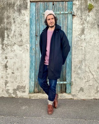 Beige Beanie Outfits For Men: If it's comfort and functionality that you appreciate in a look, pair a navy overcoat with a beige beanie. Feeling experimental? Mix things up by finishing off with brown leather desert boots.