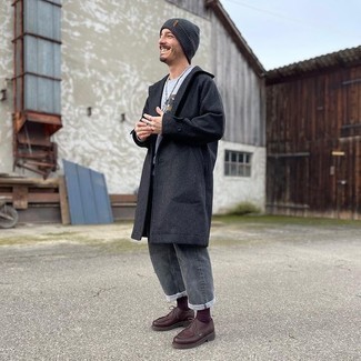 Charcoal Jeans Outfits For Men: For a casually sleek ensemble, pair a black overcoat with charcoal jeans — these pieces play pretty good together. For something more on the elegant end to complement your look, introduce dark brown leather derby shoes to the mix.