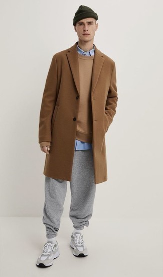 Men's Brown Overcoat, Tan Sweatshirt, Light Blue Long Sleeve Shirt, Grey Sweatpants