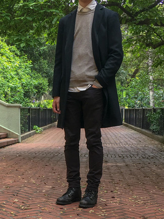 Beige Sweatshirt Outfits For Men: For a relaxed casual outfit, reach for a beige sweatshirt and black jeans — these pieces work really good together. You could perhaps get a bit experimental with footwear and elevate your look by finishing off with black leather casual boots.