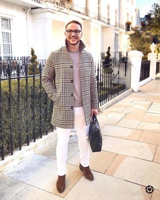 White Skinny Jeans Outfits For Men: To achieve a casual look with a twist, you can easily go for a brown houndstooth overcoat and white skinny jeans. Brown suede chelsea boots are the simplest way to give an added touch of style to this ensemble.