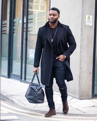 Charcoal Leather Duffle Bag Outfits For Men: Make a black overcoat and a charcoal leather duffle bag your outfit choice to achieve an interesting and relaxed casual ensemble. If you want to effortlessly up the style ante of your outfit with shoes, add a pair of dark brown suede chelsea boots to this ensemble.