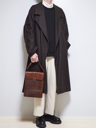 Monks Outfits: Go casually elegant by wearing a dark brown overcoat and white chinos. You could perhaps get a bit experimental when it comes to footwear and throw a pair of monks in the mix.