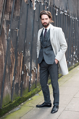 Jack Guinness wearing Grey Overcoat, Charcoal Three Piece Suit, White Dress Shirt, Black Leather Oxford Shoes