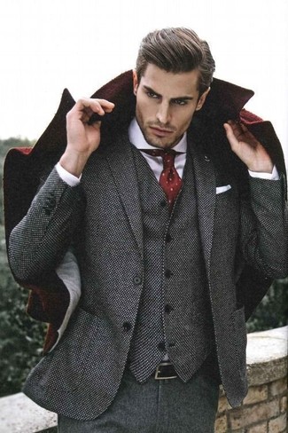 Charcoal Wool Suit Outfits: Teaming a charcoal wool suit with a burgundy overcoat is an on-point choice for a classic and sophisticated outfit.