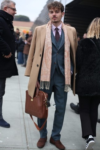 Beige Paisley Scarf Outfits For Men: Why not marry a camel overcoat with a beige paisley scarf? As well as very practical, these items look good matched together. Feeling creative? Spice things up by slipping into a pair of brown suede loafers.