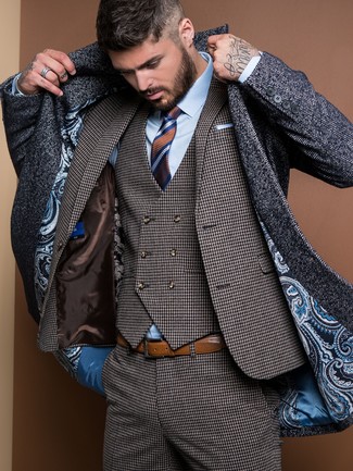 Men's Charcoal Herringbone Overcoat, Charcoal Houndstooth Three Piece Suit, Light Blue Dress Shirt, Brown Horizontal Striped Tie