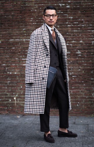 White and Black Houndstooth Overcoat Outfits: This classy combination of a white and black houndstooth overcoat and a black three piece suit is a popular choice among the dapper chaps. A cool pair of dark brown suede tassel loafers is the most effective way to inject a sense of stylish effortlessness into this look.